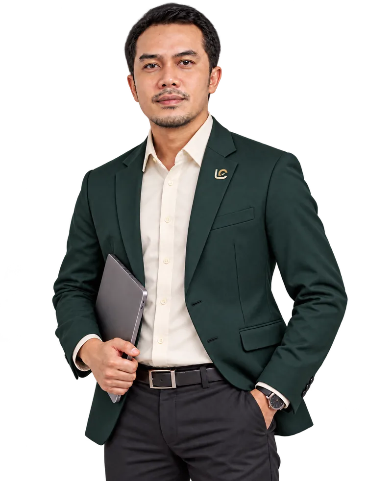 Direktur Legalcan mengenakan jas hijau tua