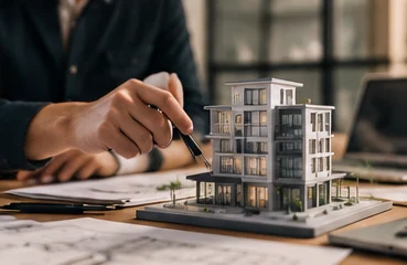 Maket bangunan hotel di meja konsultasi