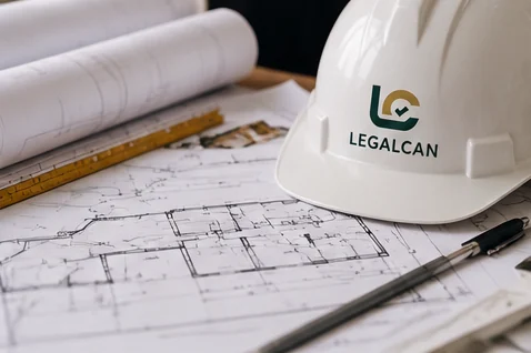 Helm proyek Legalcan di atas gambar kerja bangunan